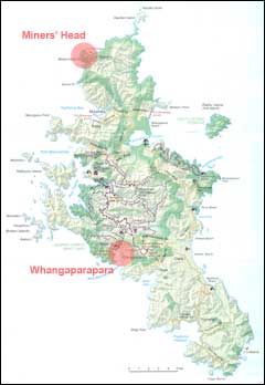 Map of Great Barrier Island showing the locations of Miners' Head and Whangaparapara - Image: DoC. Click to enlarge.