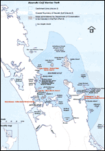 Click to enlarge - Map of  Hauraki Gulf Marine Park which includes 4 marine reserves at Cape Rodney, Long Bay, Motu Manawa and Te Whanganui-A-Hei: Image - DoC
